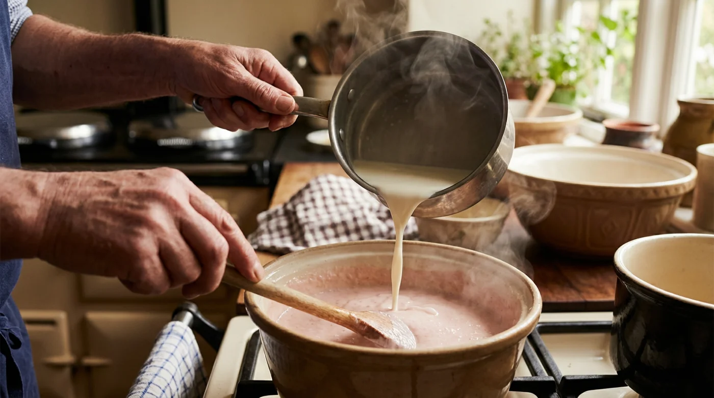 Pouring hot milk into a pan of blancmange mixture