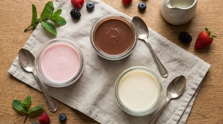 Flat lay of three coloured blancmange desserts