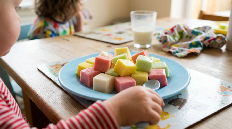 Colourful blancmange cubes on a plate