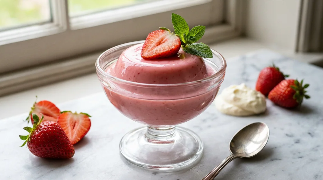 Strawberry blancmange in a glass dish
