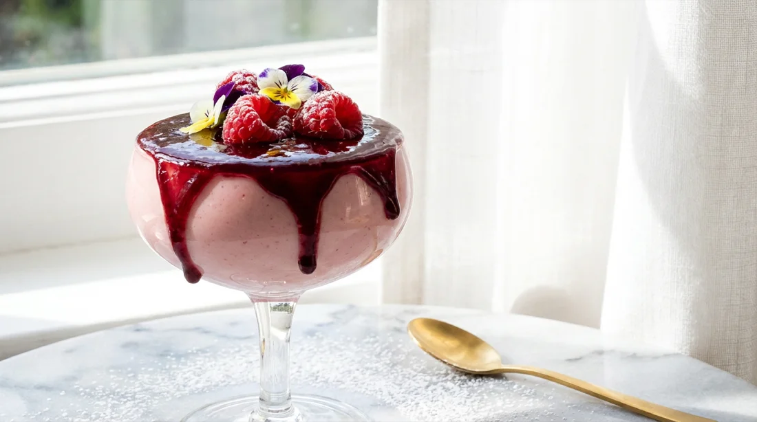 Raspberry blancmange with coulis