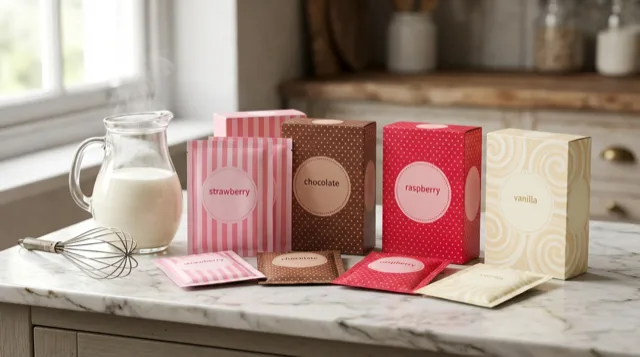 Sachets of blancmange powder with milk and a whisk on a marble worktop