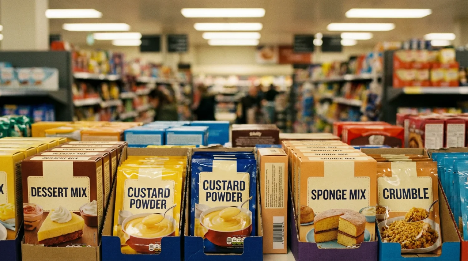 Supermarket shelf with dessert and baking mixes