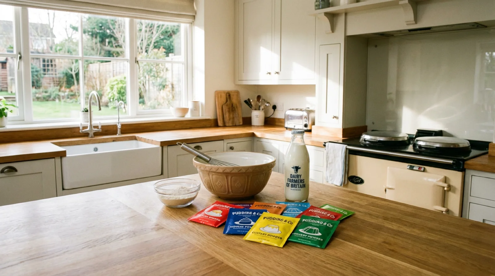 Kitchen worktop with mixing bowls and dessert powder sachets
